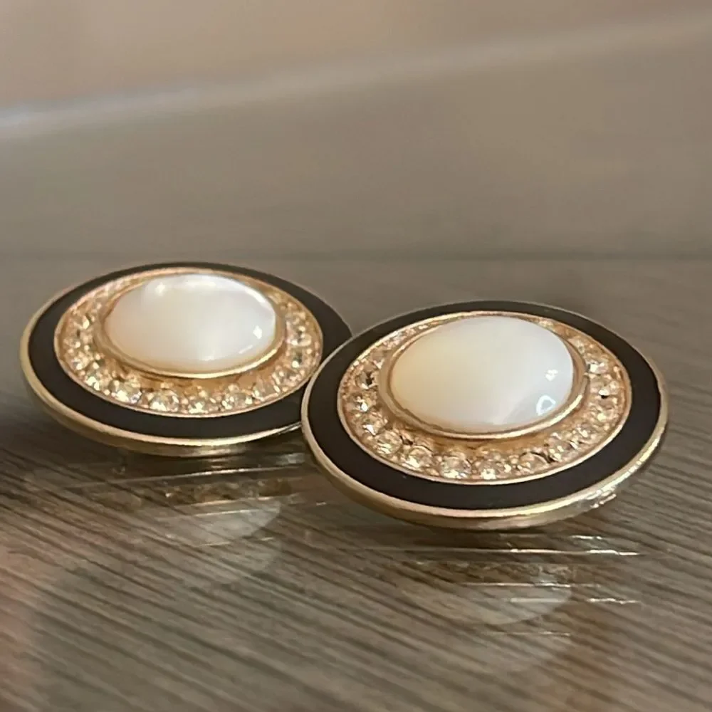 Vintage Button Clip Earrings, Black Enamel and Mother of Pearl Center
